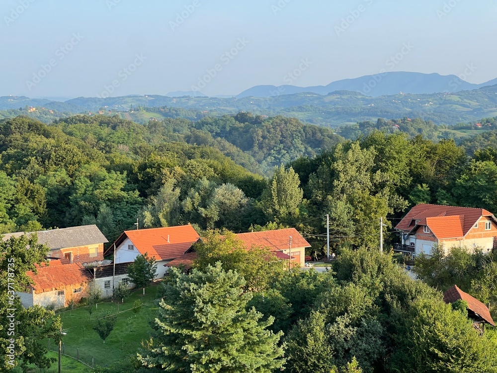 View of forests, fields, villages and Zagorje hills, during a panoramic balloon flight over Croatian Zagorje - Croatia (Panoramski let balonom iznad Hrvatskog zagorja - Hrvatska)
