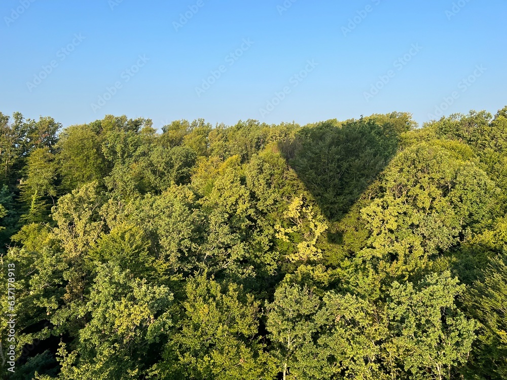 View of forests, fields, villages and Zagorje hills, during a panoramic balloon flight over Croatian Zagorje - Croatia (Panoramski let balonom iznad Hrvatskog zagorja - Hrvatska)