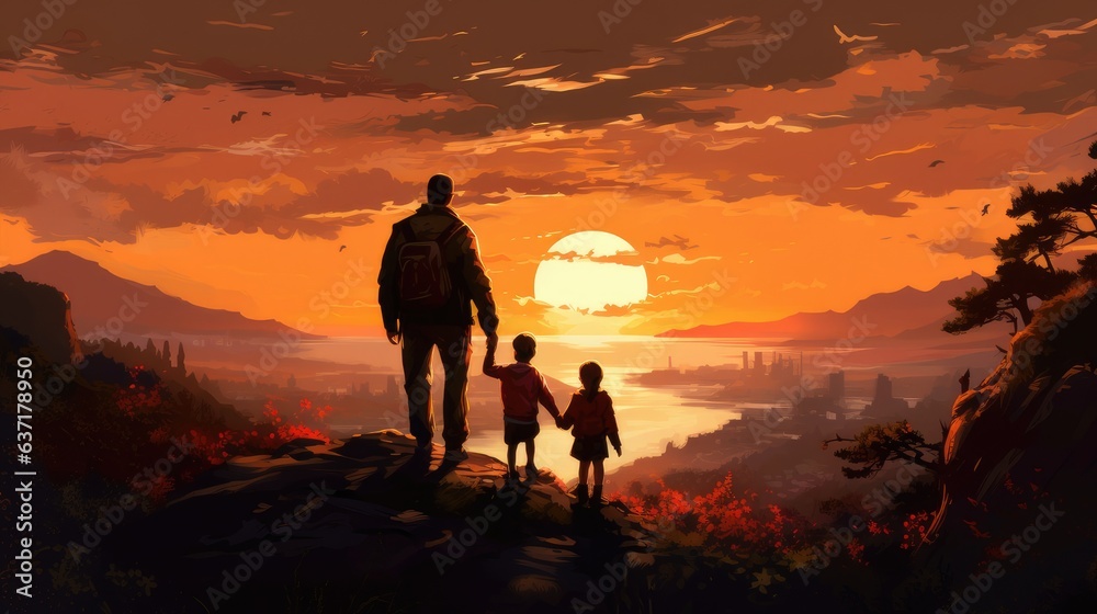 Father and son walking in the sunset. sunset in the mountains