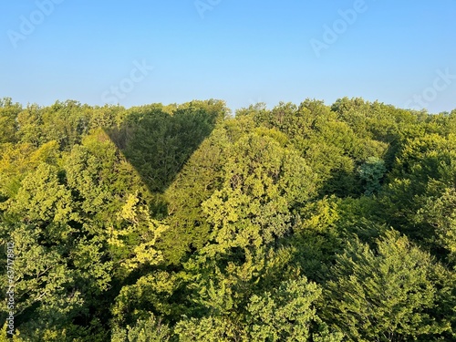 Fototapeta Naklejka Na Ścianę i Meble -  View of forests, fields, villages and Zagorje hills, during a panoramic balloon flight over Croatian Zagorje - Croatia (Panoramski let balonom iznad Hrvatskog zagorja - Hrvatska)