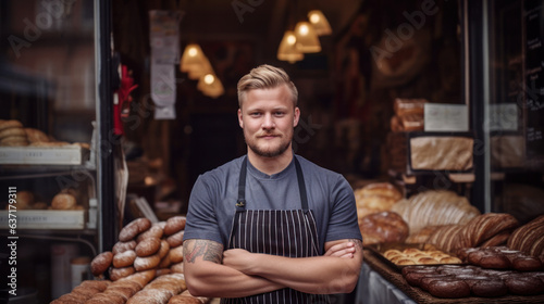 business owner with bakery shop background