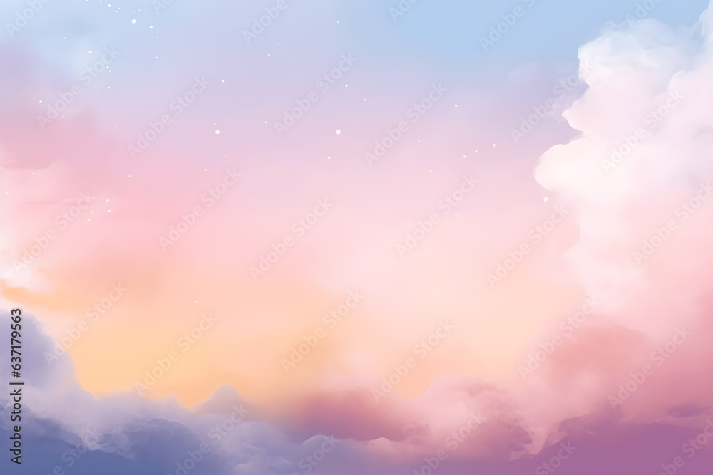 abstract sky background with sugar cotton candy clouds on pastel gradient design, stars and moon in the sky