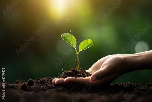close up hand holding seed growing plant