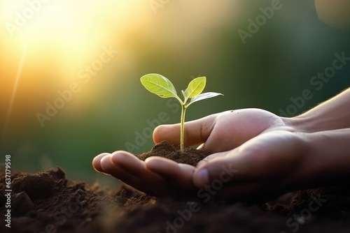 close up hand holding seed growing plant