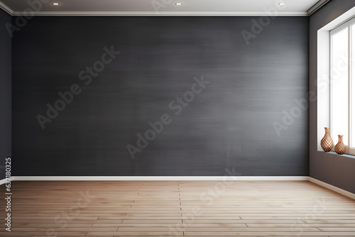 Minimal empty room mockup with black wall, mockup with a wooden floor © manof