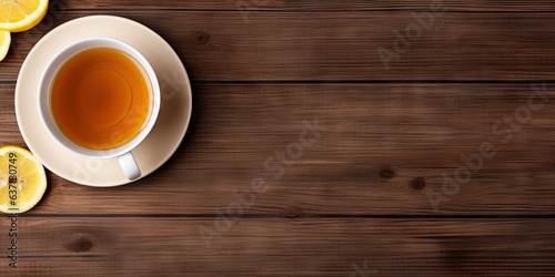 Golden moments. Enjoying lemon infused. Culinary harmony. Refreshing cup of healthful tea lemon on wooden table. Top view