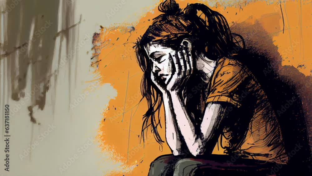 animation sketch of a woman sitting down and looking depressed. endless animation loop. mental health concept.