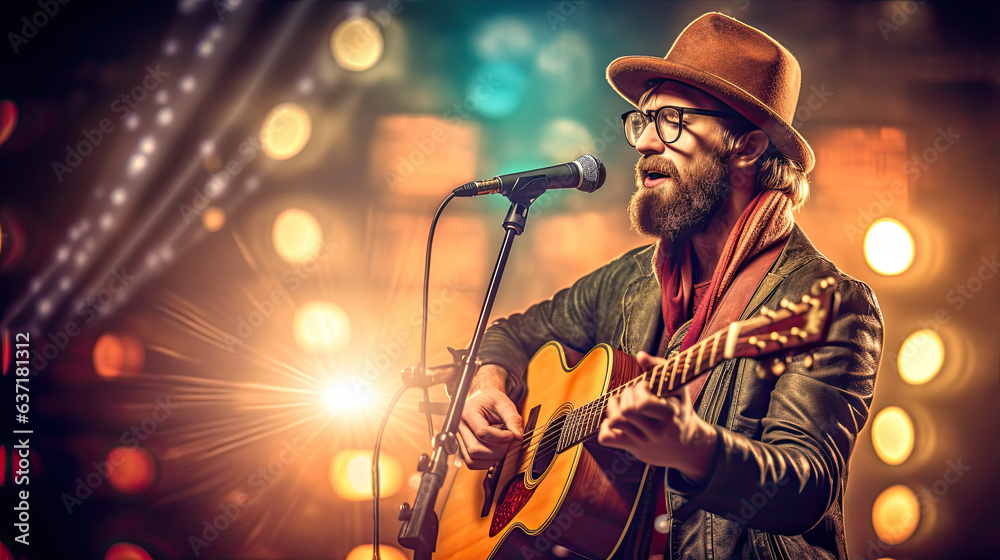 Fototapeta premium Popular country music performer with a guitar on a big stage under spotlights