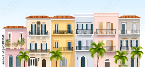 Tela several different colored houses with balconies and shutters