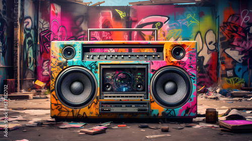 Vintage 80s ghetto blaster set against a vibrant, colorful graffiti wall on a littered city street, reflecting urban culture © Sunshine Design