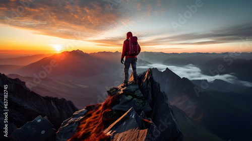 Mountaineer trekker faces out looking at the mountains above the clouds at a beautiful golden sunset, standing on a mountain peak and carrying a backpack. An awe-inspiring view.