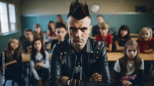 Punk delinquent teacher or older student staring into camera in classroom with school kids sitting behind him photo