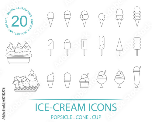 Ice Cream Popsicle Cup Waffles Icon Set by Real Jewelry Artist editable stroke outline line illustration	