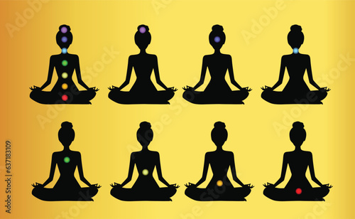 silhouette meditation with chakras symbol vector