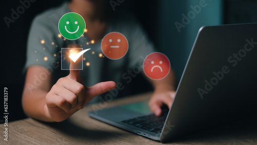 Online review tools, Customer review satisfaction feedback survey concept. finger of User touching check mark and face emoticon smile icon. customer services best excellent business rating experience.