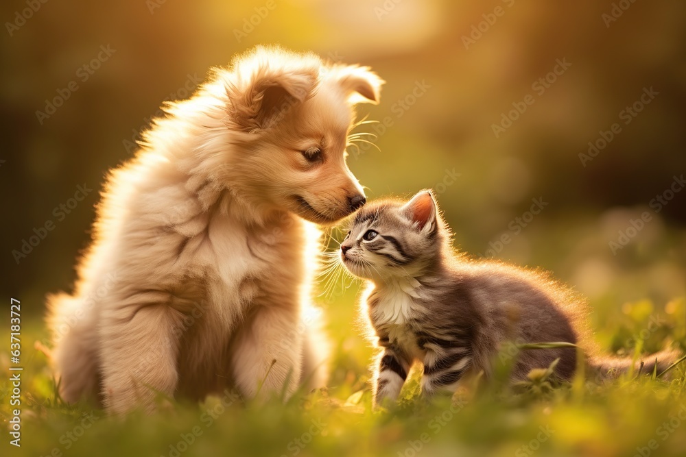 Cute little kitten and puppy playing together in the grass at sunset