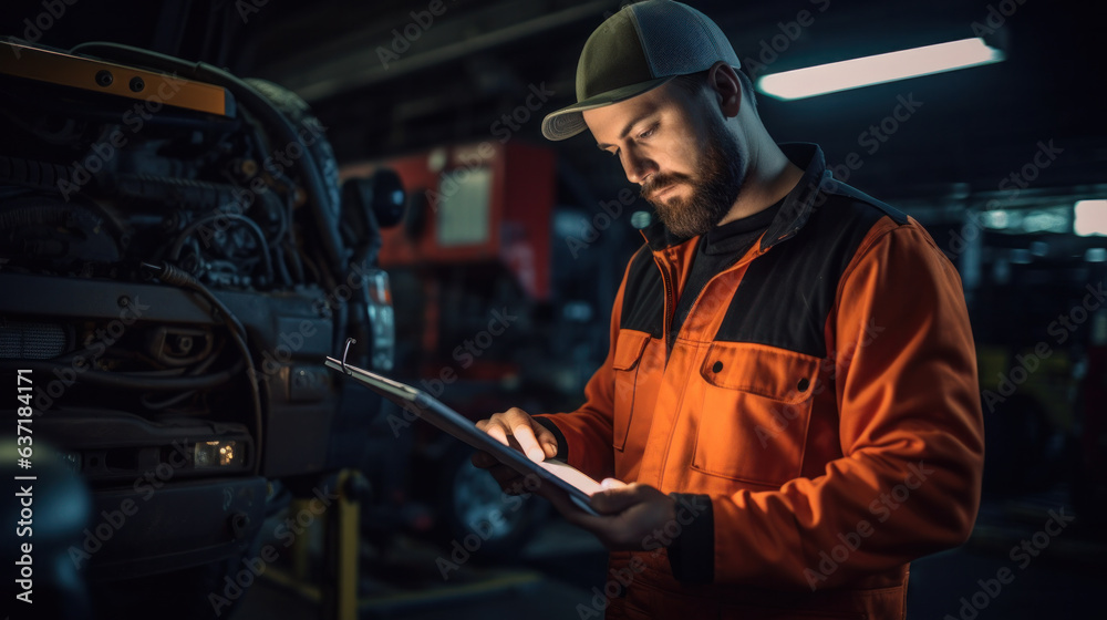Serviceman with digital tablet on the background of the truck in the garage. Pretrip technical inspection, checklist Serviceman with digital tablet on the background of the truck in the garage. Pretrip technical inspection, checklist