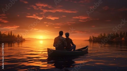 father and son on a boat at sunset