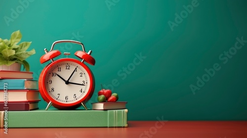 A back to school concept with school equipment, a red alarm clock, and a green chalkboard background Back to school concept with school equipment and a red alarm clock on a green chalkboard background