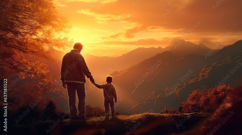father and son bask in the sunset's warmth