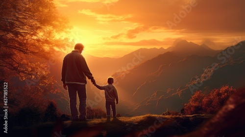 father and son bask in the sunset's warmth