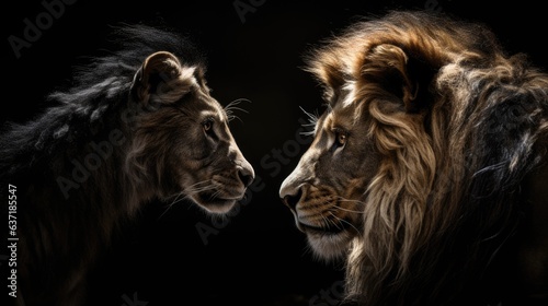 captivating face-off of african lions  isolated on black background. high-quality stock photo for use in safari promotions and zoology materials