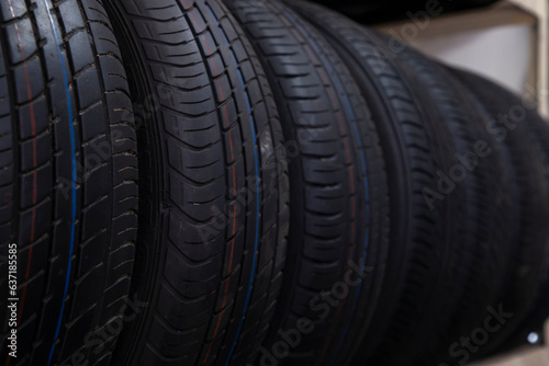 Car black  tires skin texture background. Selective Focus © Artyponds