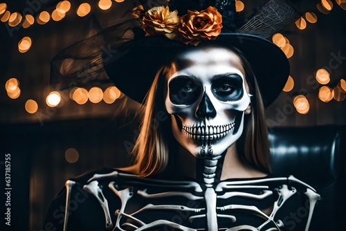 Women with scary skull masks at halloween - Generative AI
