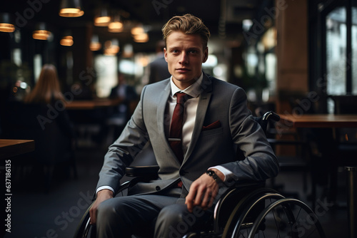 Portrait of young business man in suit with a disability on wheelchair in office © Sergio