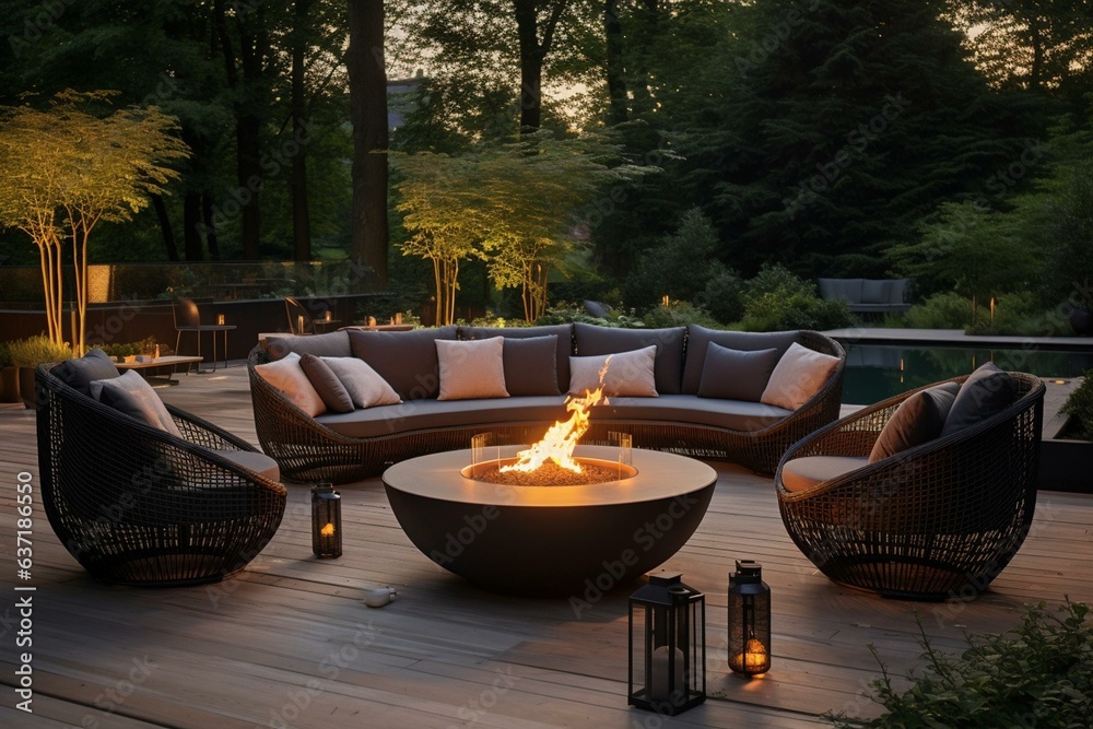 Beautiful fire pit and stylish furniture in a contemporary setting. Generative AI