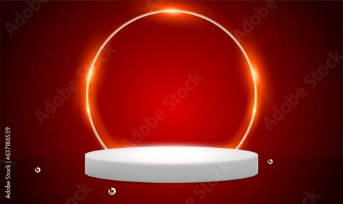 Abstract empty podium with golden ring frame and pearls on red room Background. Exhibition stage backdrop or empty product shelf. Mock up stand for product presentation. Advertising template. Vector.