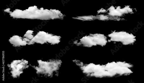 Set of white clouds or smog for design isolated on a black background. 
