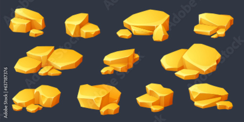 Cartoon slabs of gold isolated on black background. Vector illustration of golden nuggets, mine or treasure cave design elements, amber crystals, yellow gemstones, royal wealth symbol, game assets