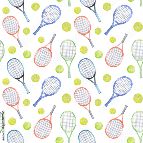Seamless watercolor pattern with tennis rackets and balls on white background