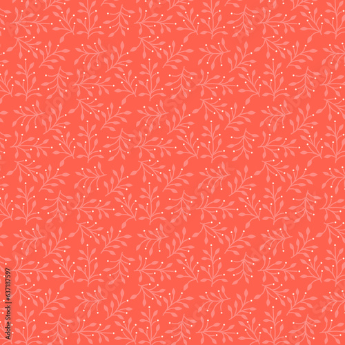 Spring simple flower twigs Light pastel delicate romantic botanical pattern pink flowers and leaves on a coral background