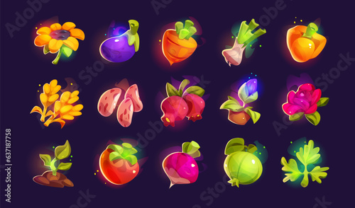 Farm and gardening ui game fruit and vegetable set. Isolated food item illustration for mibile app interface with glow and steam. Glossy sunflower, carrot, pepper and tomato with sparkle and mist