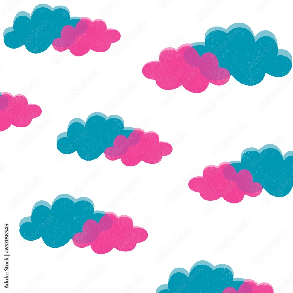 Clouds blue and pink on the white floor, Retro vector elements collection. Distort forms with patterns, risograph textures for fabric designs.