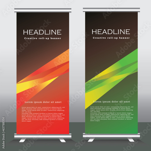 Title: roll up banner template for business, vertical banner template, abstract vector illustration , abstract geometric standee banner, modern x-banner and pull up, vertical banner with blue green an