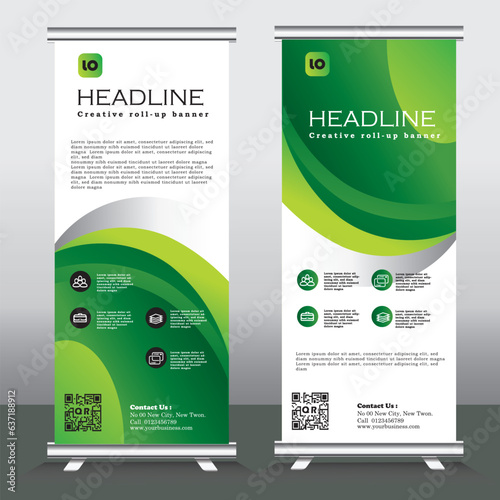 Business banner templates elegant modern vertical design, Green Background, Roll up banner template, pull up banner with green color, vertical banner, 