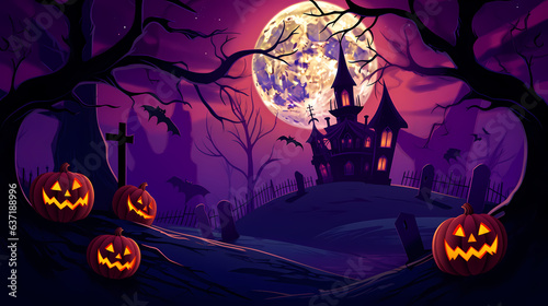 Halloween background with scary pumpkins and house haunted. Spooky scary dark Night forrest. Holiday event halloween banner background concept