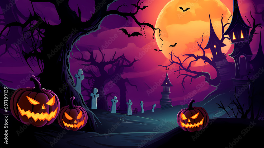 Halloween background with scary pumpkins and house haunted.Halloween background with Evil Pumpkin. Spooky scary dark Night forrest. Holiday event halloween banner background concept