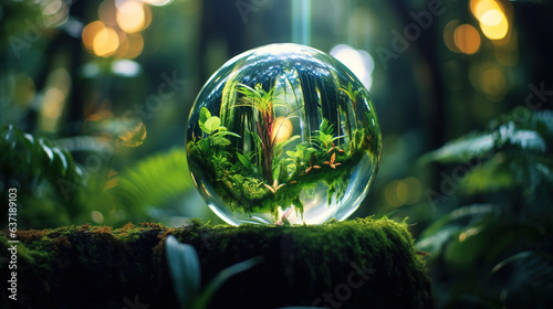 globe terrarium in the jungle with blurred background. Generative Ai