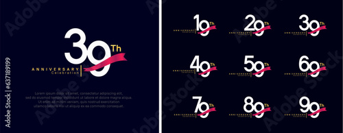 set of anniversary logo flat white color number and red ribbon on dark blue background for celebration