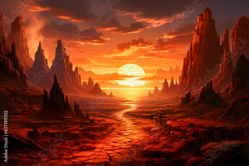 A Fantasy Landscape with a Large Orange Sun
