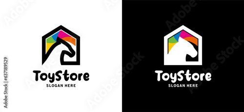 Kids toy shop logo design template with rainbow colored horse symbol