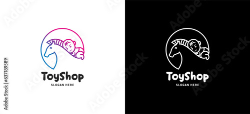Kids toy shop logo design template with cute little horse and baby symbols