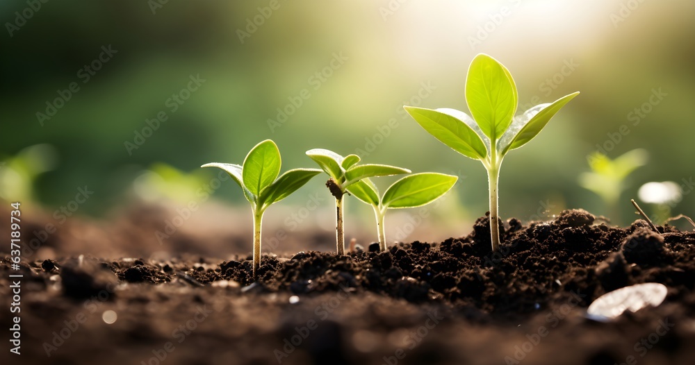 Income growth coins in soil with young plant. Finance And Investment, Money growth concept Generative AI - obrazy, fototapety, plakaty 