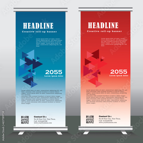 roll up banner design and vector template. blue and red color, standee banner design, vertical banner, x-banner, standee Template. pull up banner, Brochure, Flyer. abstarct vector illustration