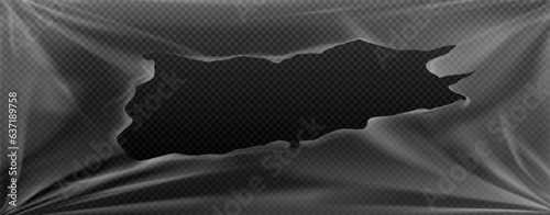 Torn vinyl cover plastic texture with hole edge background. Cd wrap with shrink and damage distressed overlay advertising wallpaper. 3d broken tape poster transparent frame for album record mockup.