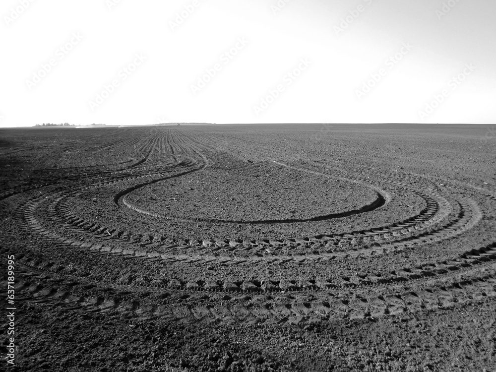 Plowed field for potato in black soil on open countryside nature